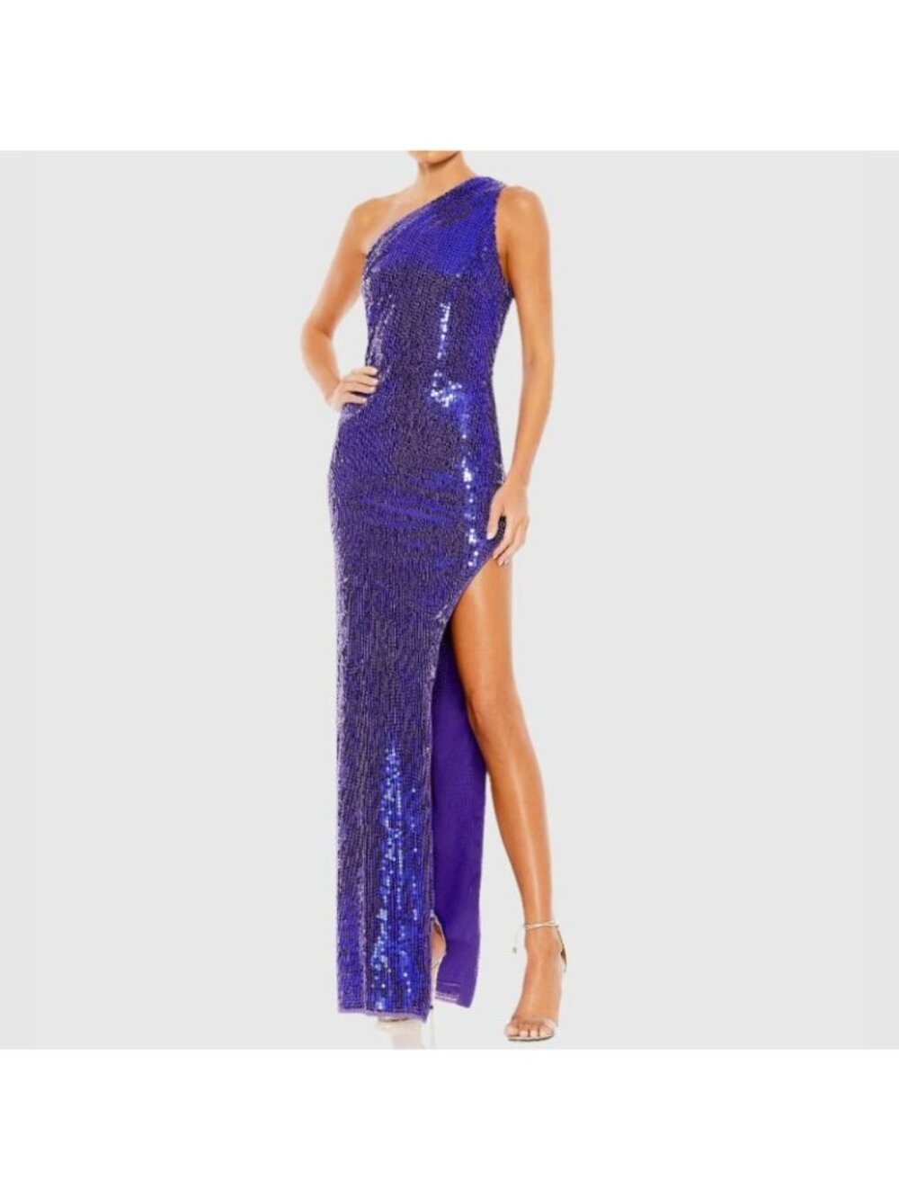 NWT Mac Duggal Womens Blue Sequined One Shoulder Open Back High Slit Gown Size 0